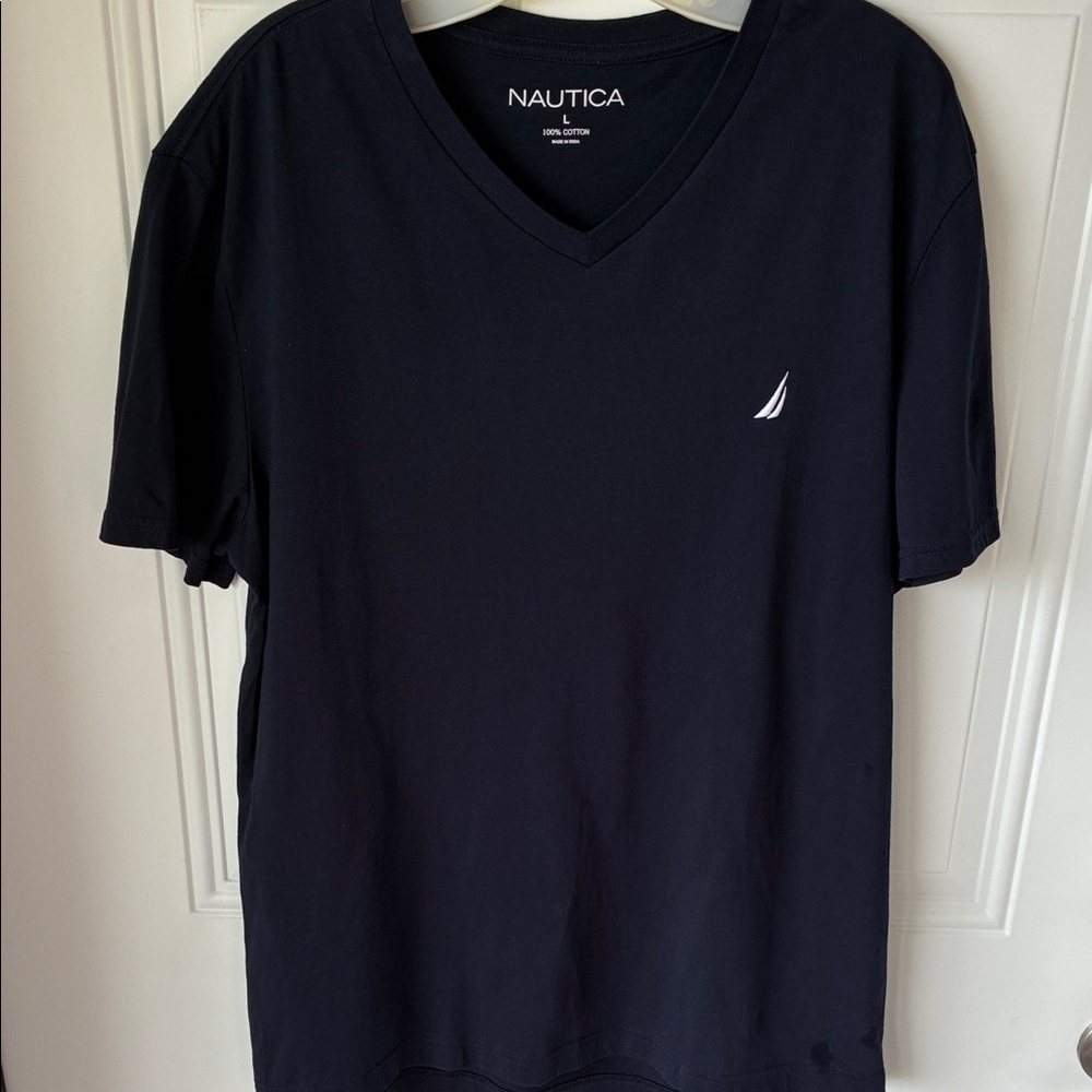 Nautica Men's Navy V-Neck Short Sleeve Tee with White Sail Logo